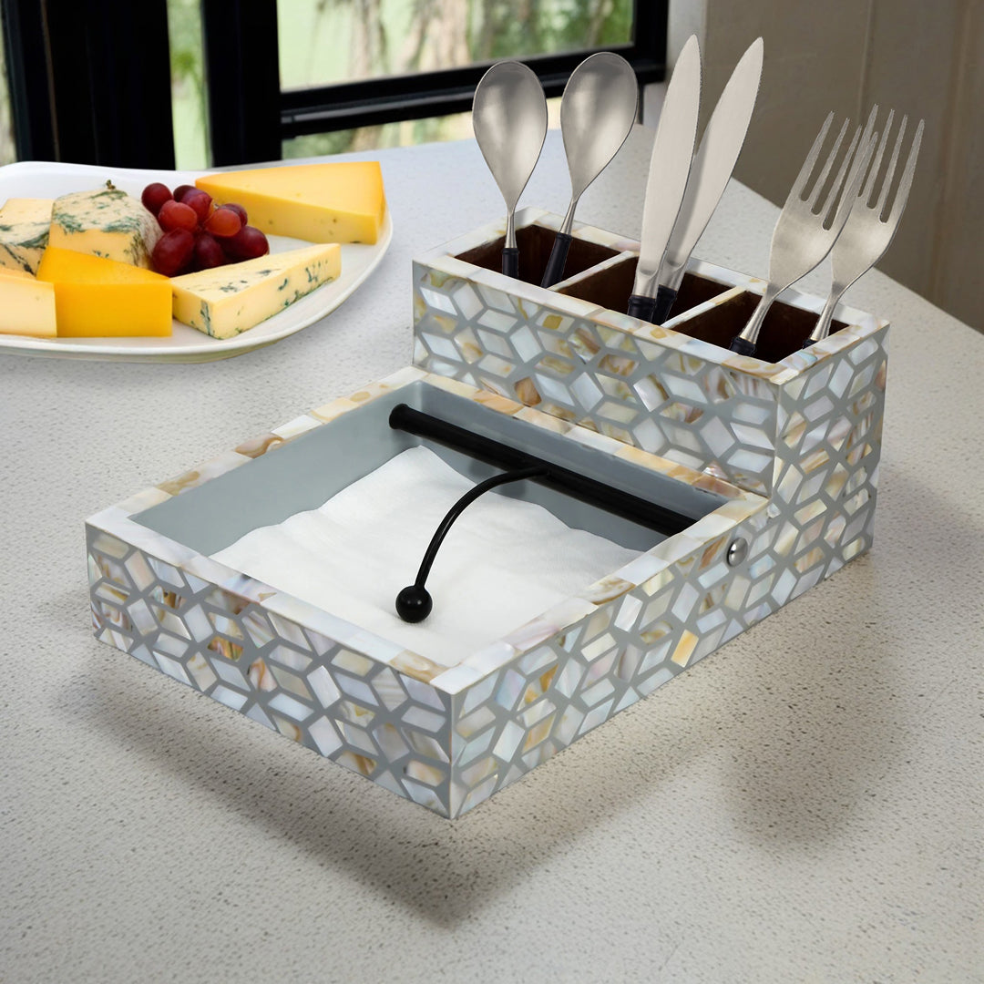 Large Cutlery Tissue Holder - Grey & White Mother Of Pearl