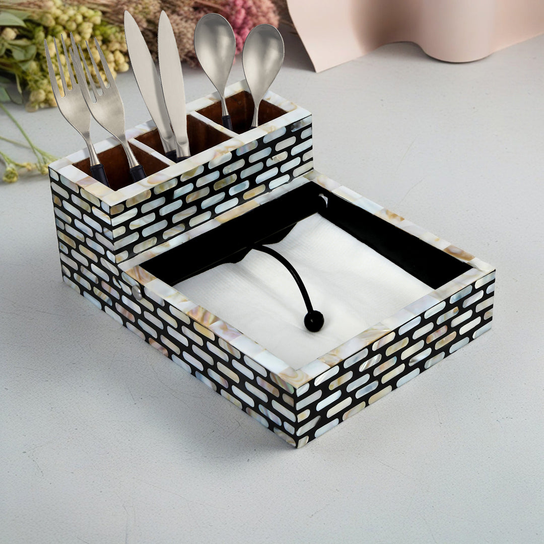 Large Cutlery Tissue Holder - Black & White Mother Of Pearl