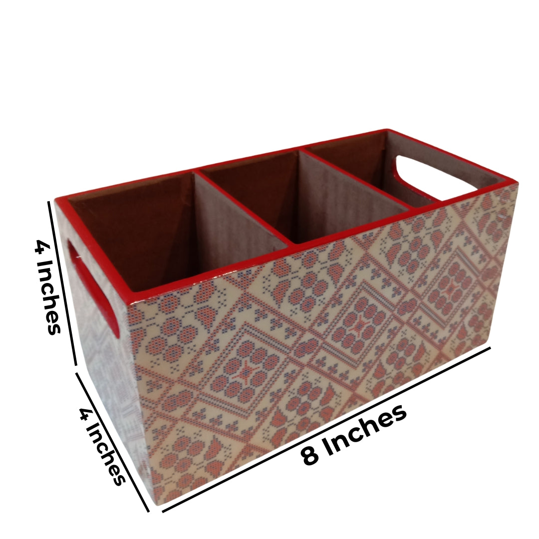 Wooden Blue & red abstract print & enamelled 3 Partition Caddy