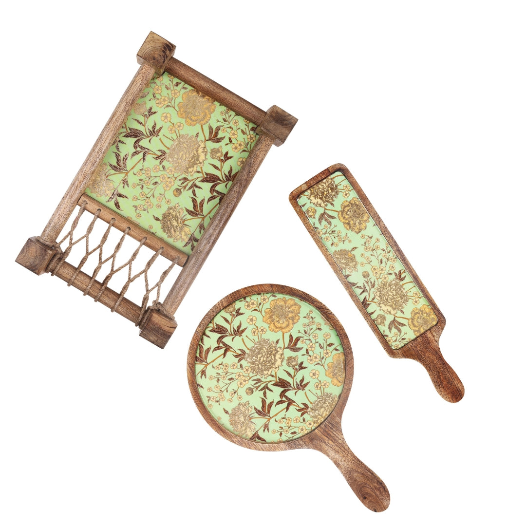 green flower print & enameled Wooden Khatiya Platter Set of 3 - khatiya platter , pizza platter , bat platter