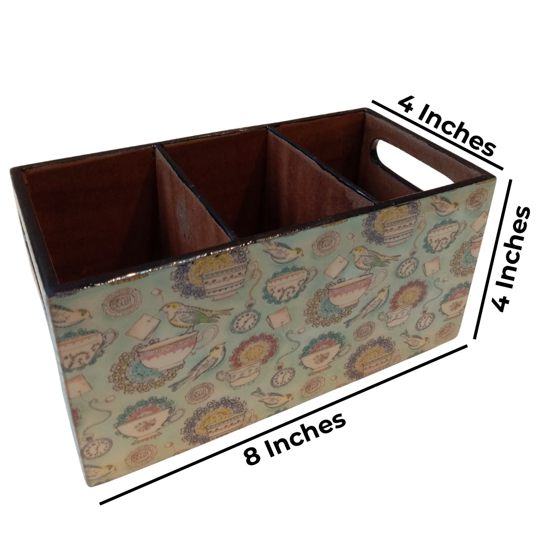 Wooden Blue Cup Print & Enameled 3 Partition Caddy