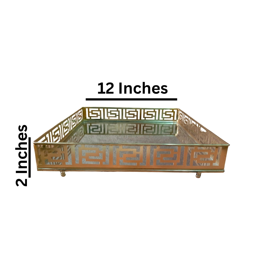 Gold Mirrored Square Tray with Greek Key Pattern
