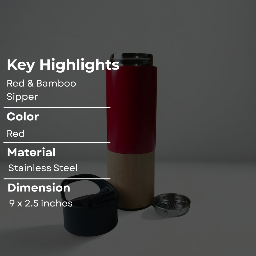 Red Stainless Steel Sipper With Bamboo Base