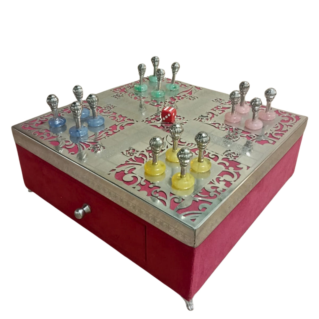 Luxury Silver Plated Ludo Box with Pull-Out Drawer, Metal Pawns & Red Velvet Base
