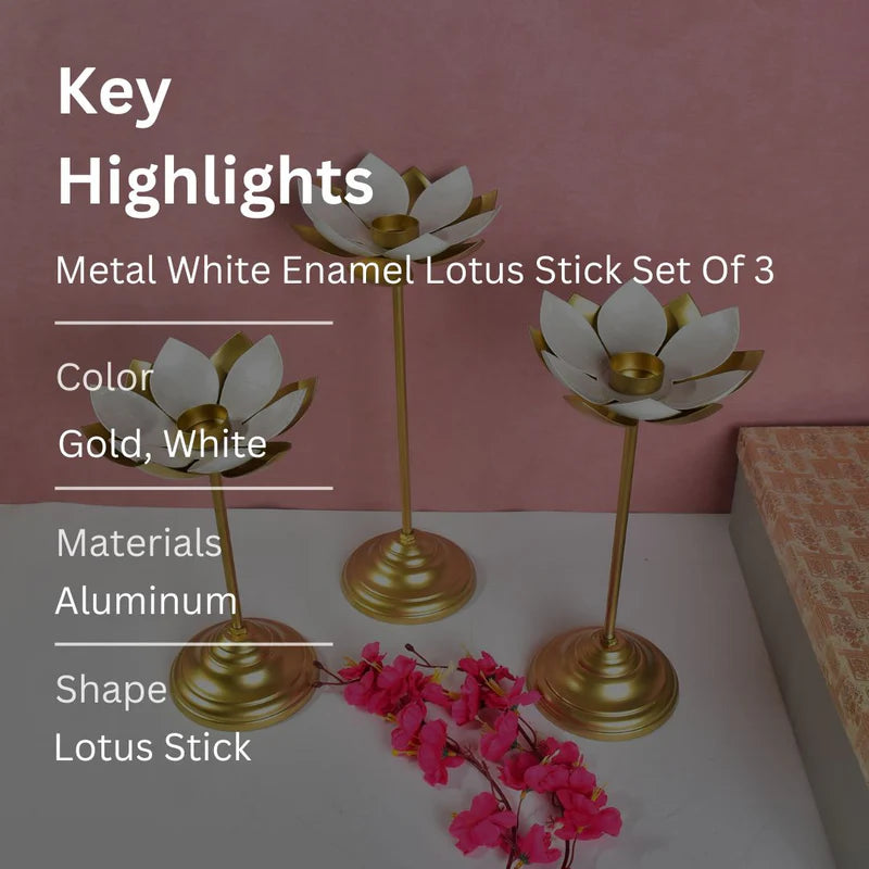 Metal White Enamel Lotus Stick Set of 3