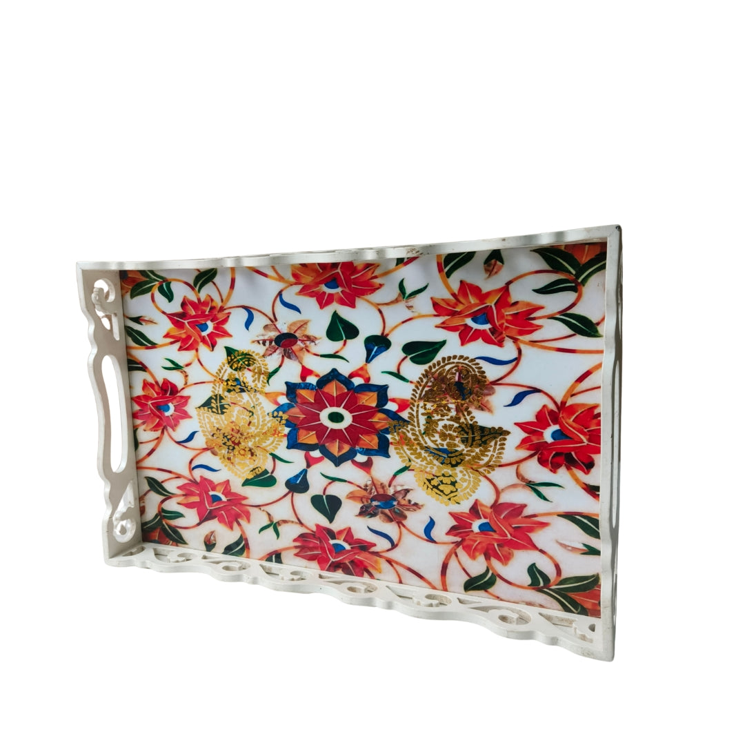 White Orange Flower Cutwork Wooden Tray Small