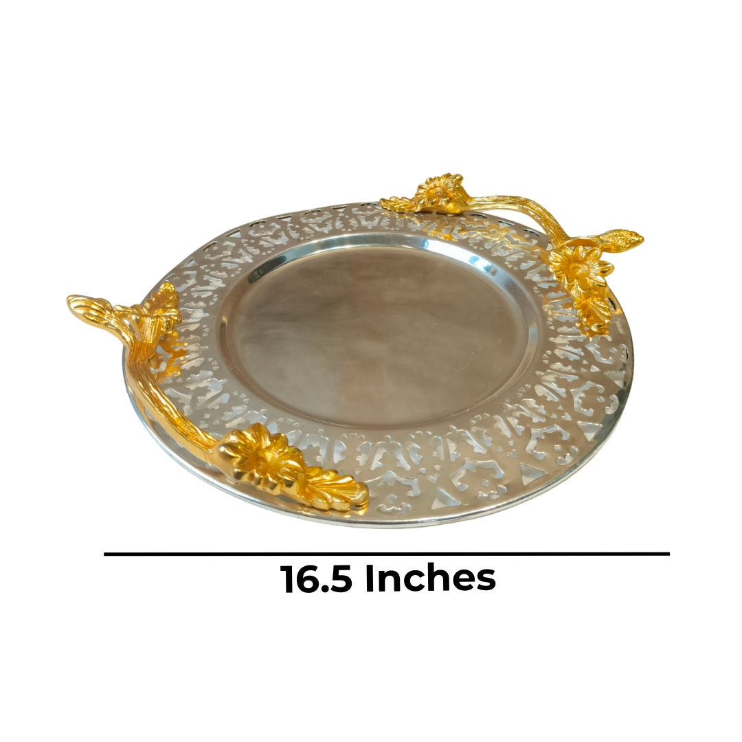 Brass metal silver plated round cutwork tray with metal handle large