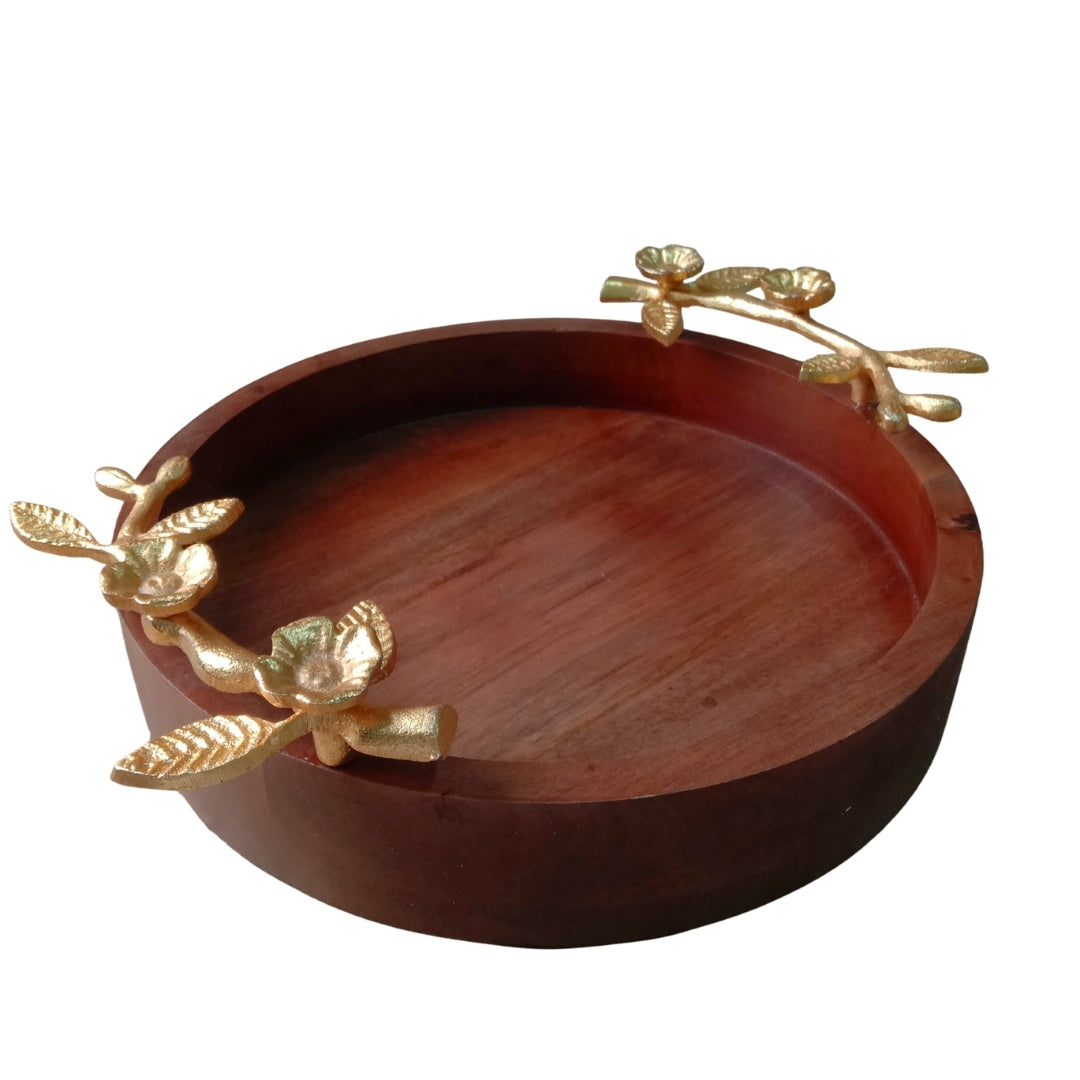 Wooden Large Round Serving Tray with Gold Floral Branch Handles