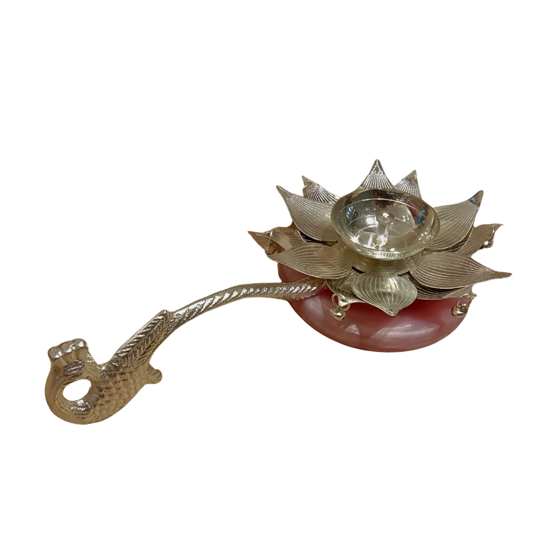 Luxury Silver Plated Lotus Diya with Peacock Handle & Pink Quartz Base