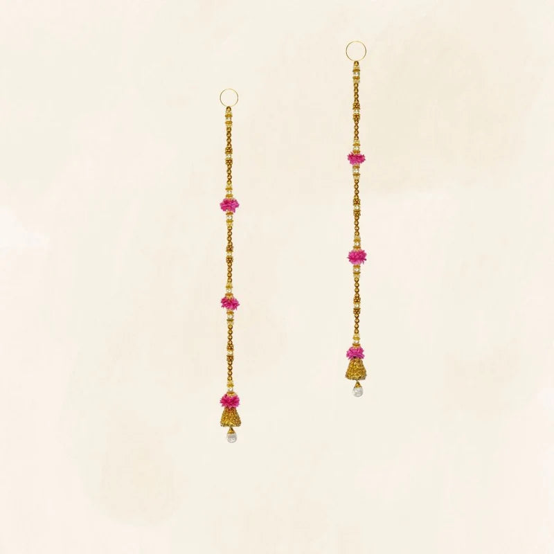 Pink Flower Gold & White Moti With Crystal Hanging Toran With Side Hanging Set