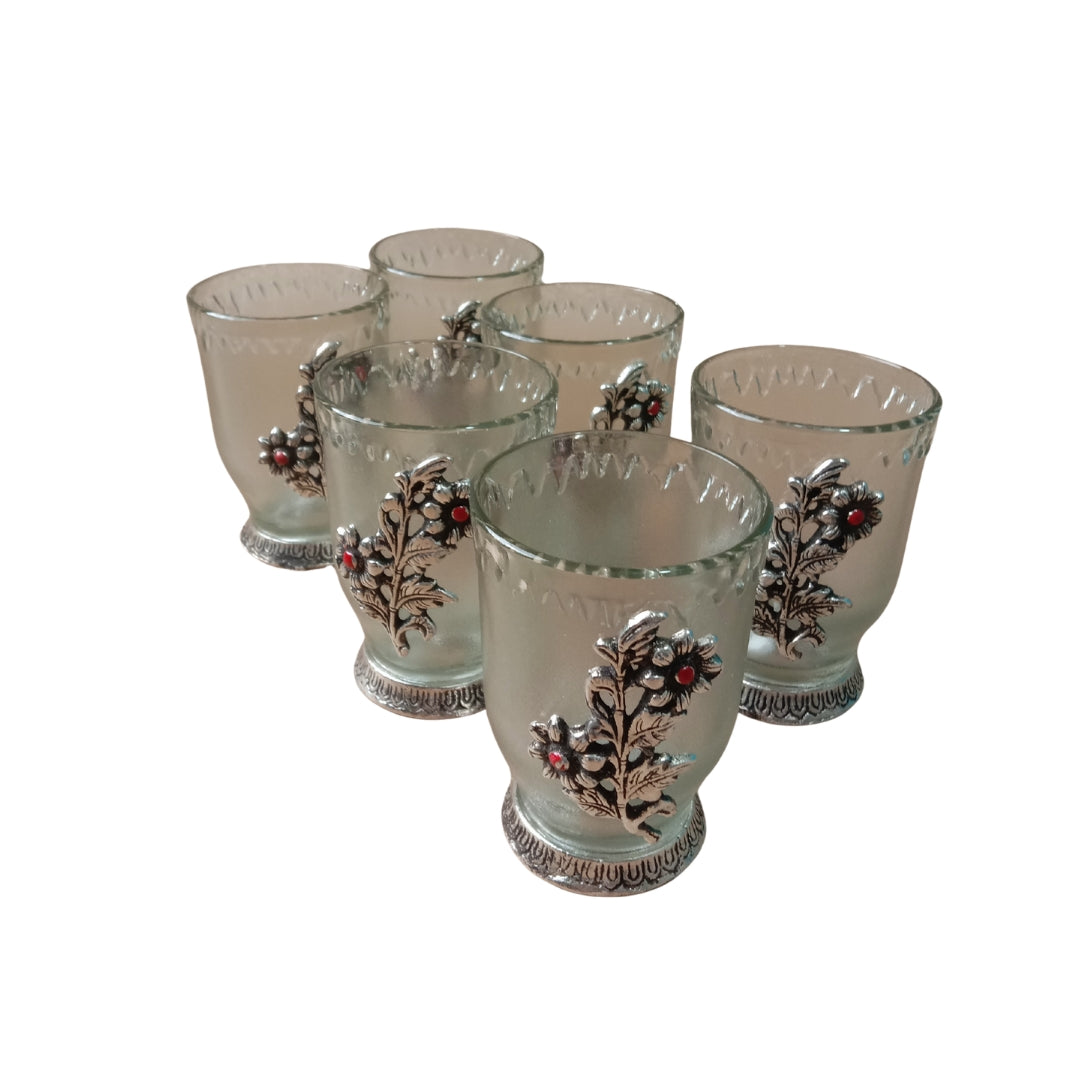 Silver Plated Glass and Tray Set of 7with Floral Motif