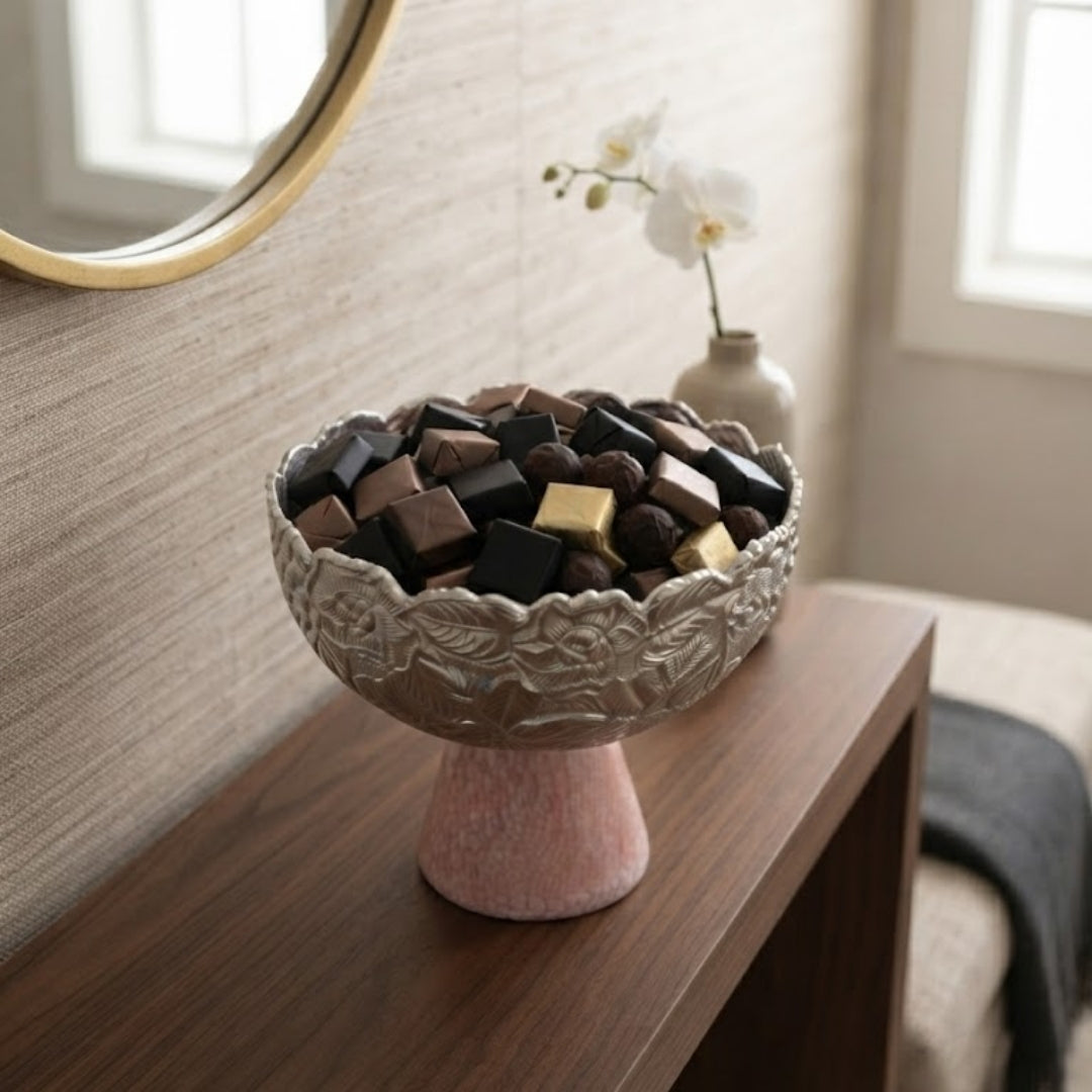 Purple Velvet Gift Box with Ornate Silver Decorative Bowl