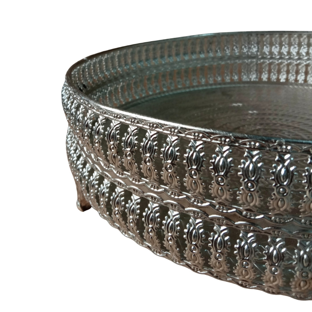 Decorative Silver Round Filigree Tray with Beaded Edges and Ornate Feet