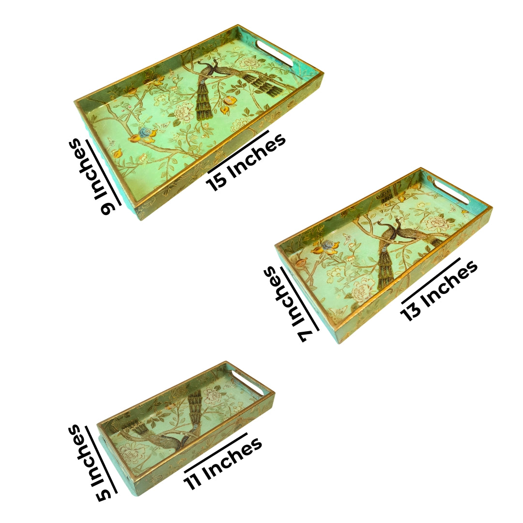 Green Peacock Design Enamel Tray(Tray Set of 3)
