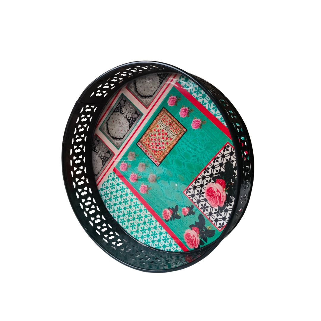 Metal Round Tray - Green Mughal Print  Small