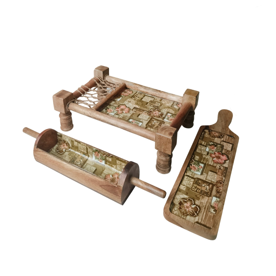 Green mughal print & enameled Wooden Khatiya Platter Set of 3 - khatiya platter , belan platter , bat platter