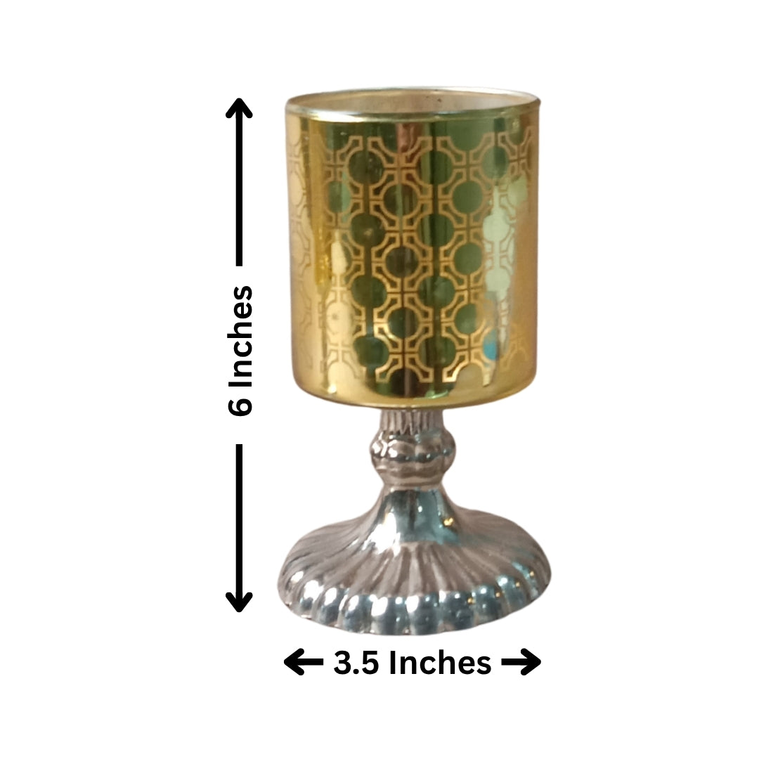 Set of 2 gold Mosaic Etched Glass Pedestal Tea Light Holders
