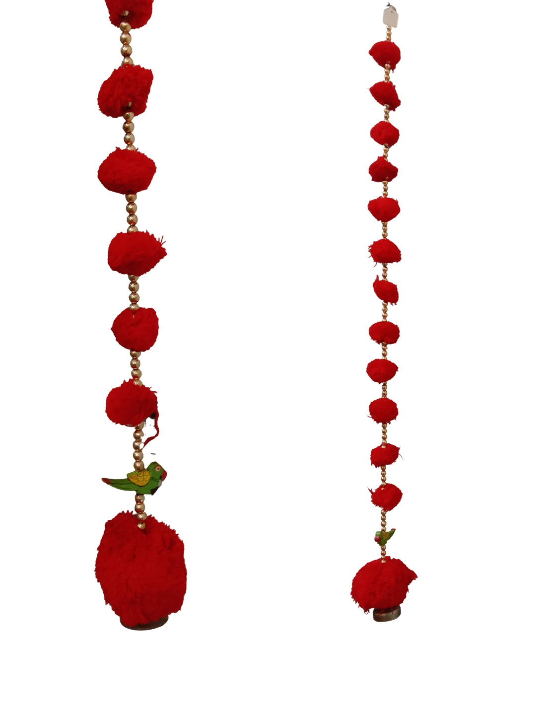 Red Pom-Pom & Pearl Festive Side Hangings with parrot