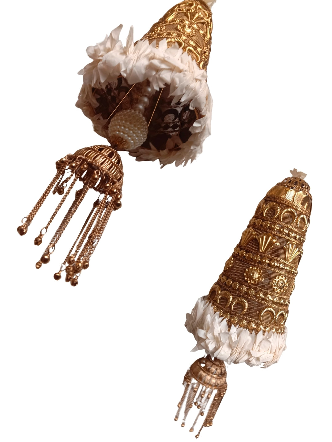 Artificial White gajra with metal cone sidehanging set of 2 -Medium