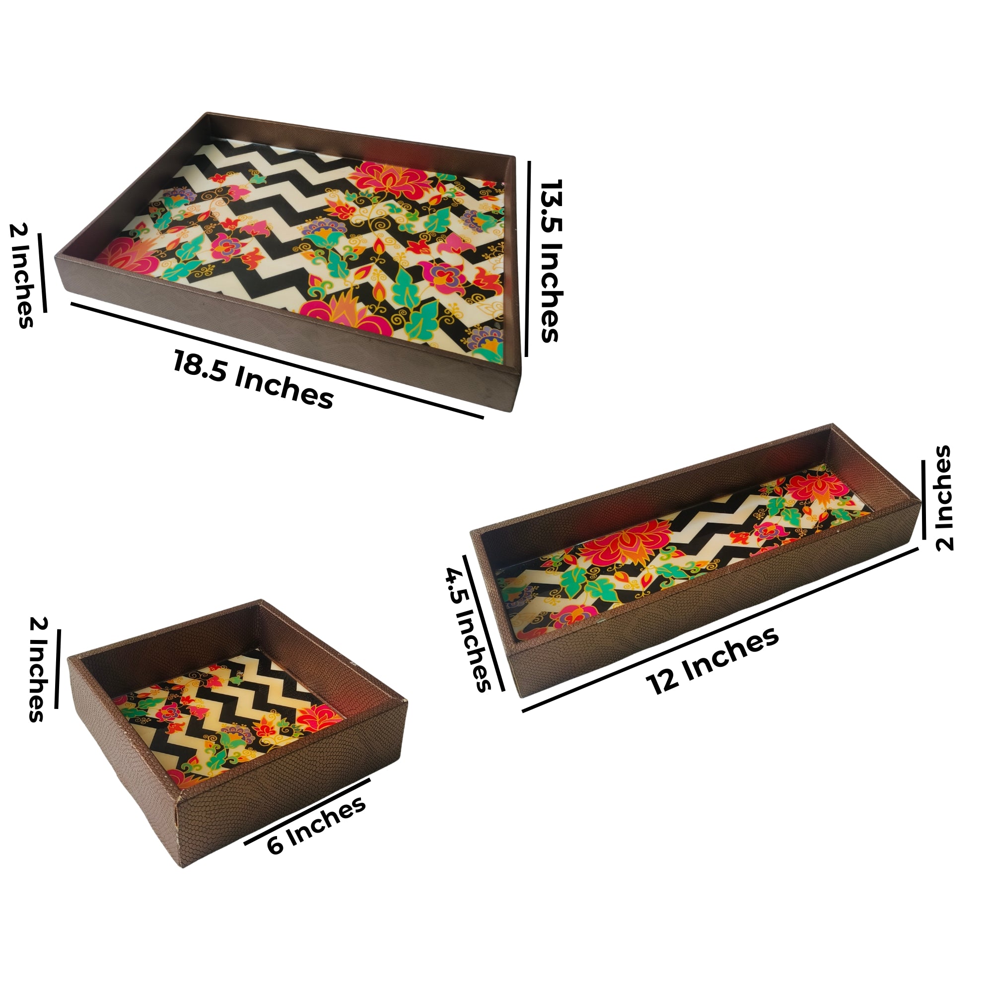 Wooden & Leatherette Zig Zag Multicolor Tray set of 3