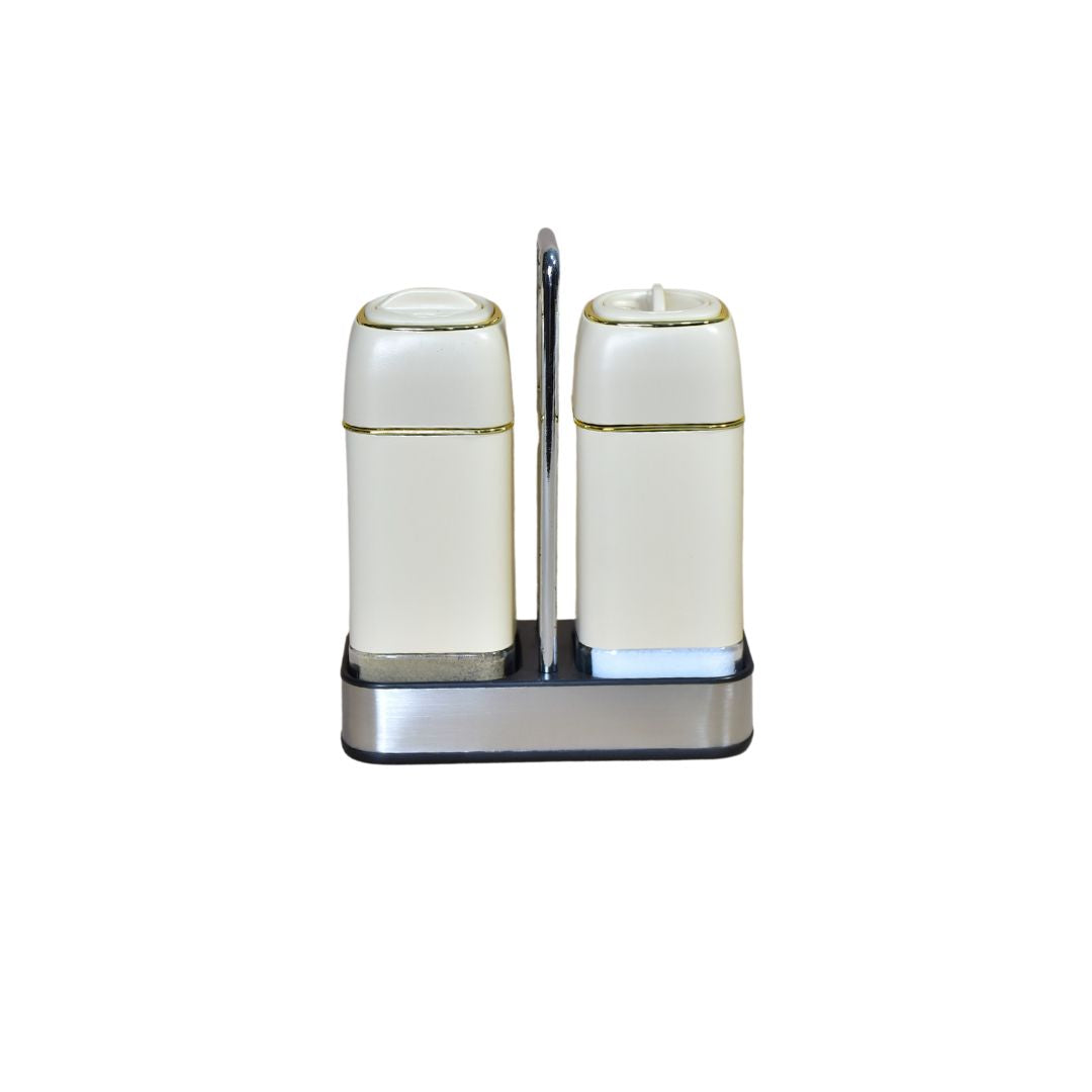 Glass Salt & Pepper Shakers With Stainless Stand Set Of 2 - Ivory