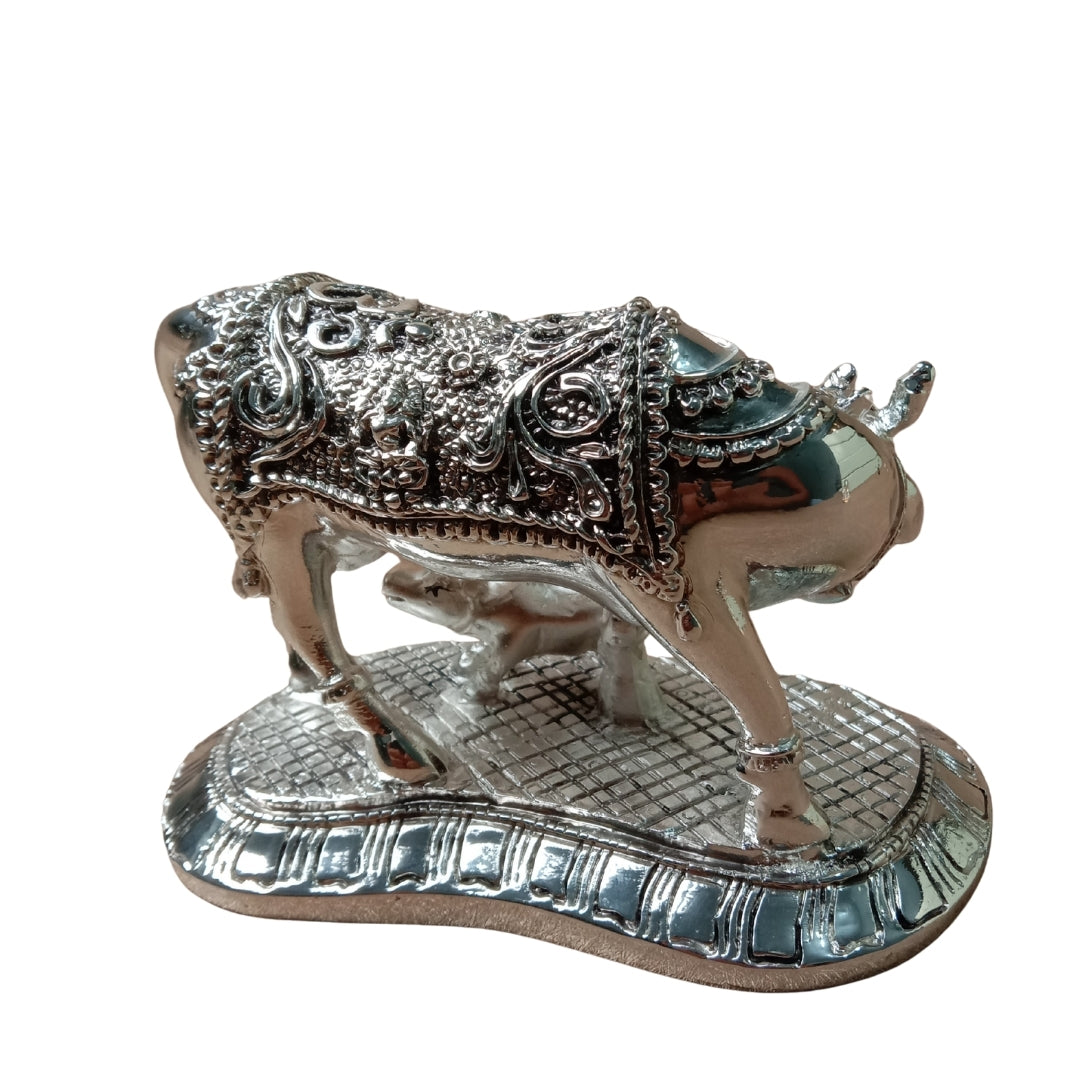 The Home Co- 999 Pure Silver  Plated Kamdhenu Divine Om Cow and Calf Idol- 4.5"