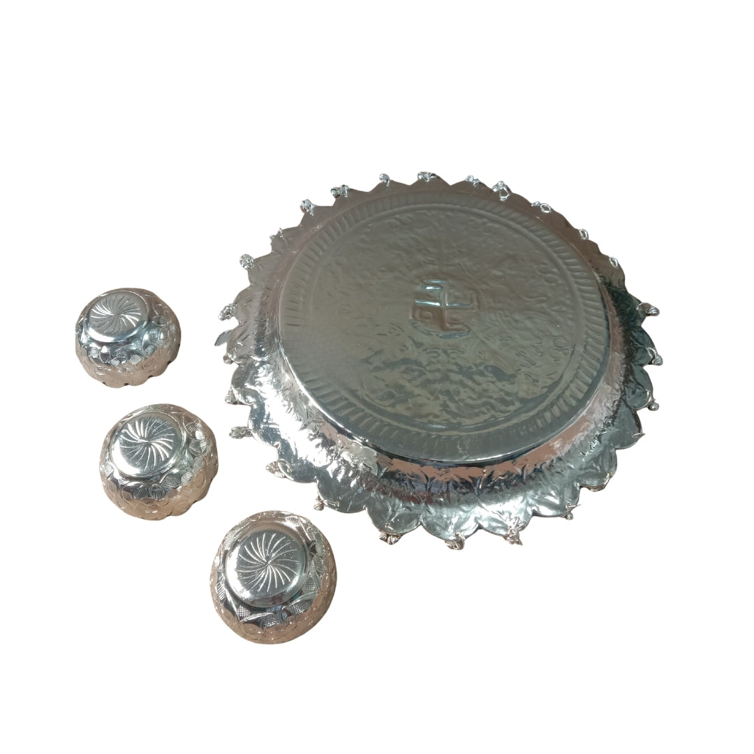 Silver Plated Pooja Thali with Hanging Bells and Three Bowls Set