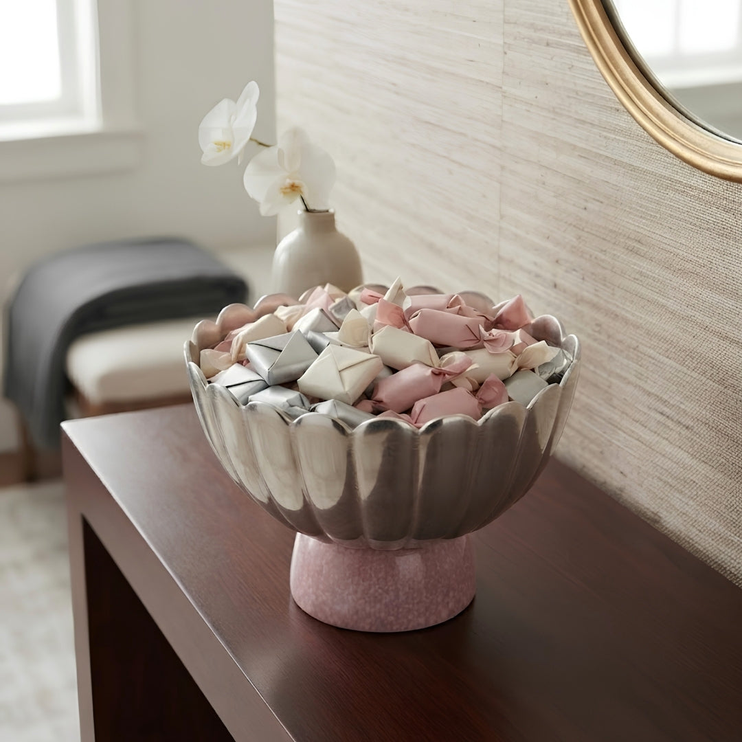Silver-Plated Scalloped Pedestal Bowl with Pink Base