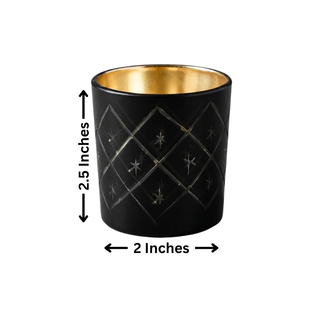 Etched Black Glass Votive Candle Holders - Elegant Small Set of 4