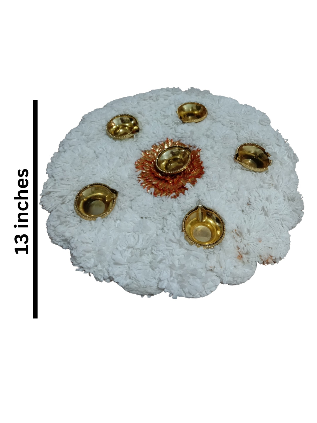 Handmade White Floral Puja Mat / rangoli with Golden Led Diya Holders Single