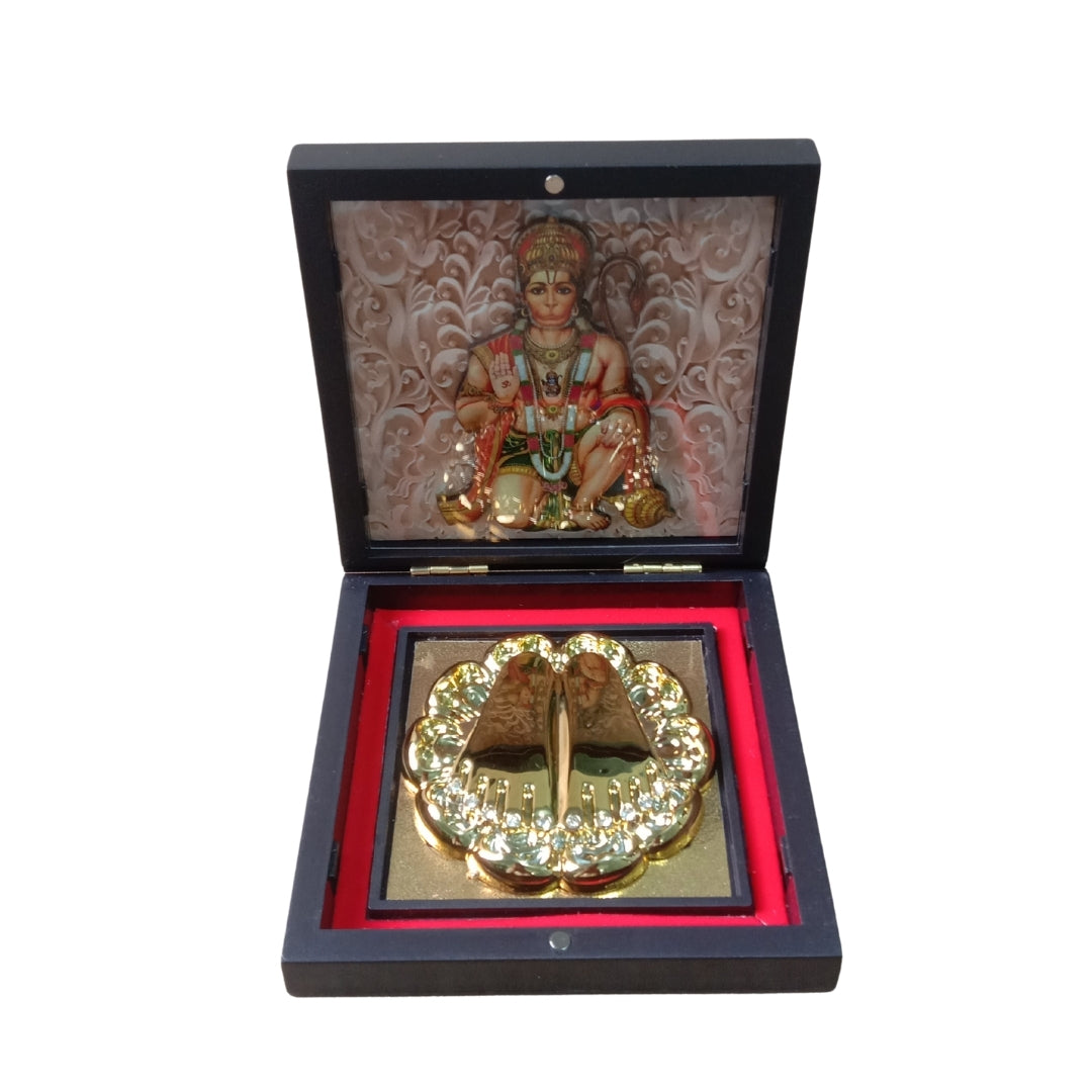 Lord Hanuman Golden Charan Paduka in Wooden Box