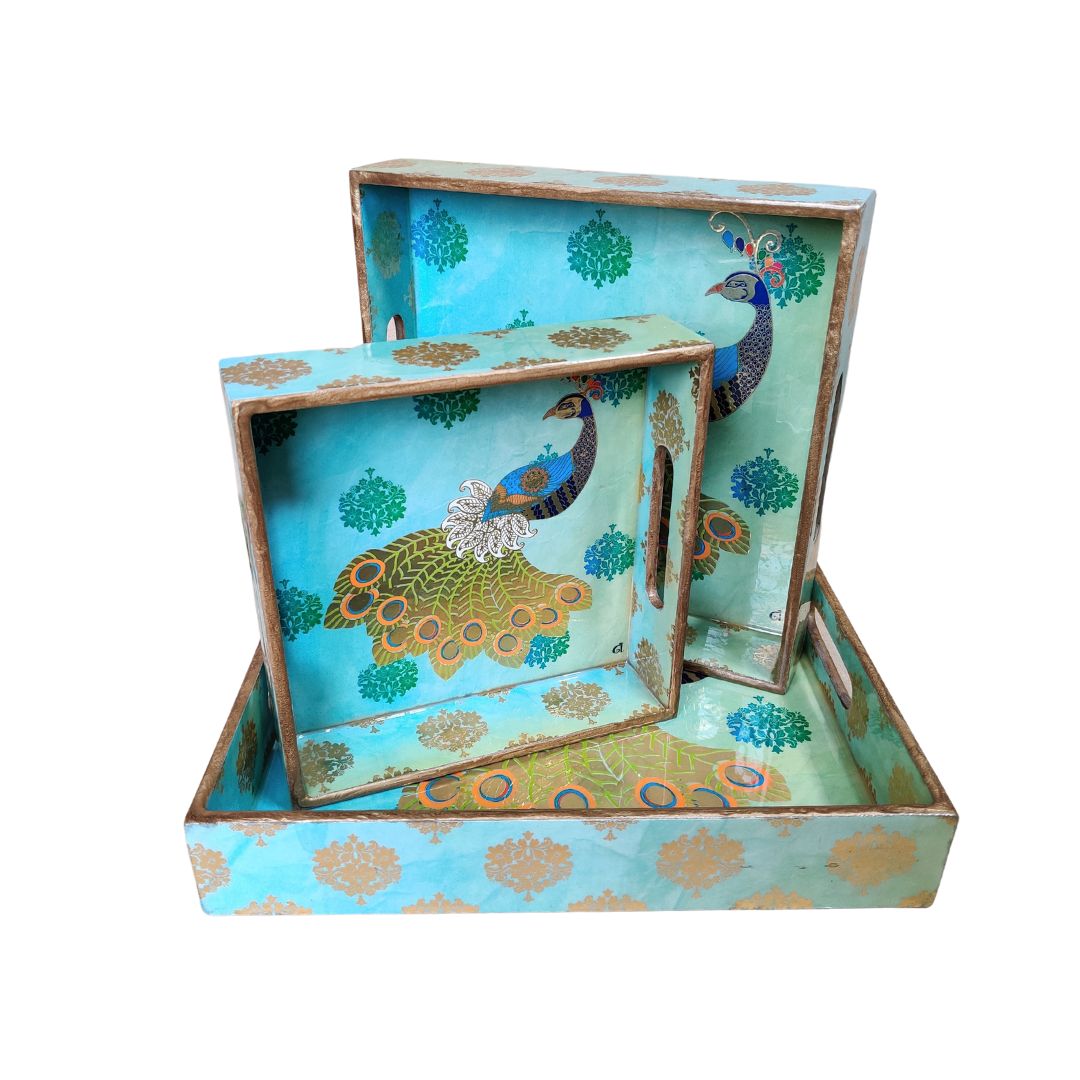 Square Tray Set Of 3 - Green Peacock