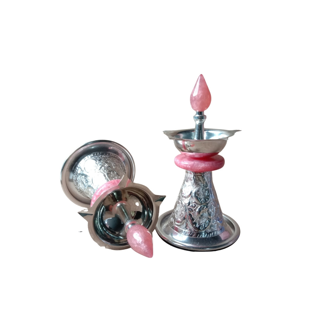 METAL Silver-Plated PINK RESIN Diya SAMAI Set of 2