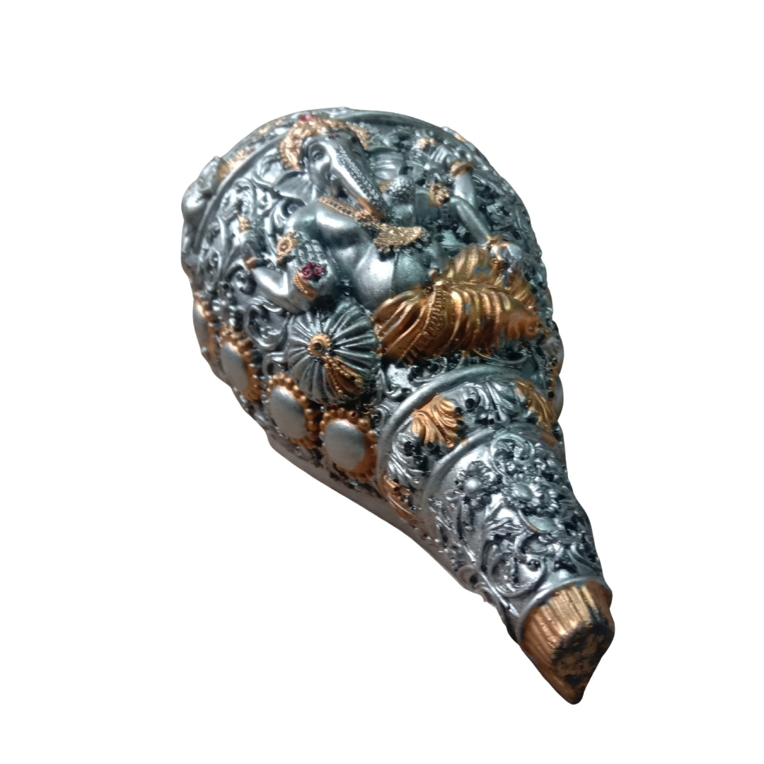 Silver Plated Ganesha Shankh with Turquoise Velvet Box for Auspicious Gifting