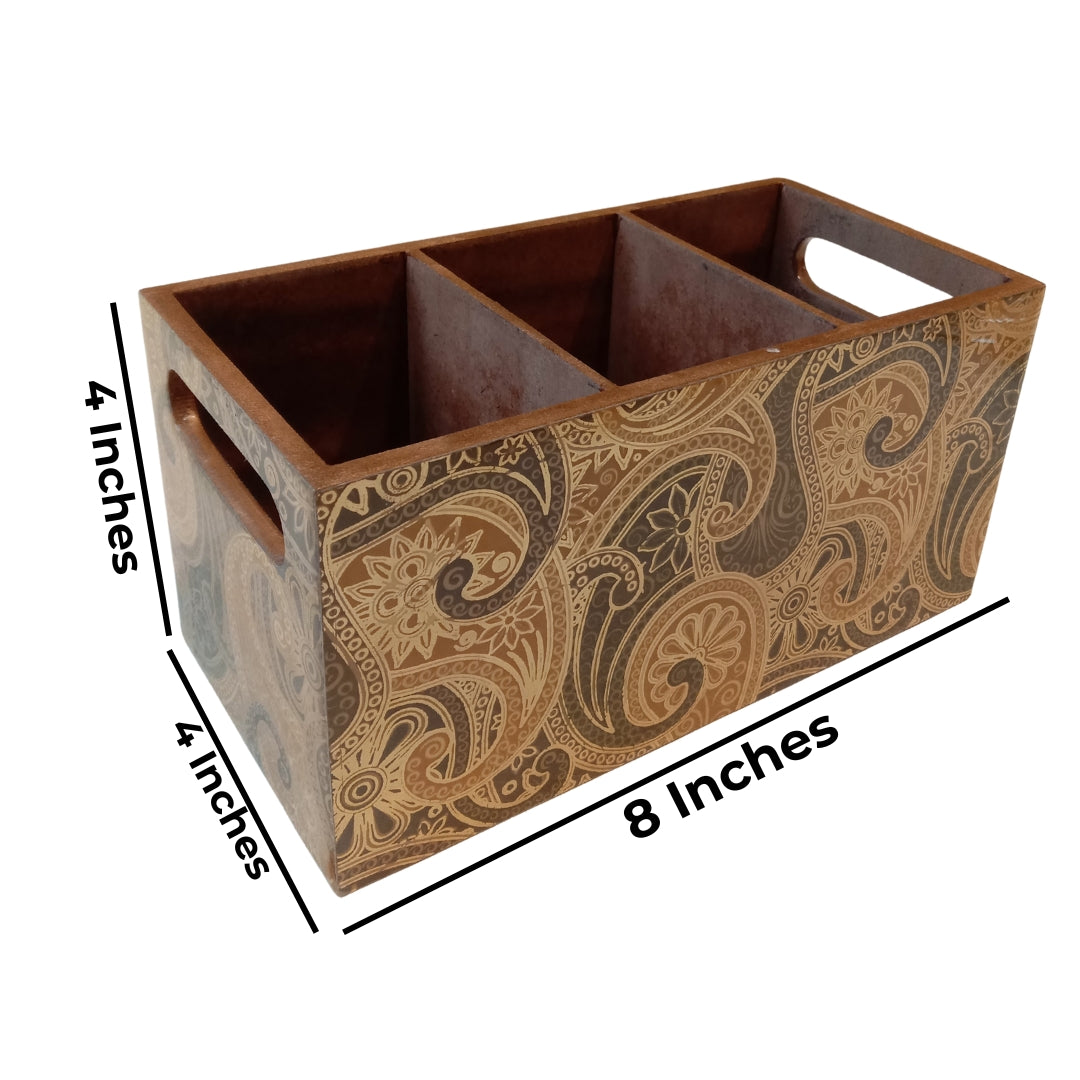 Wooden gold paisely  print & enamelled 3 Partition Caddy