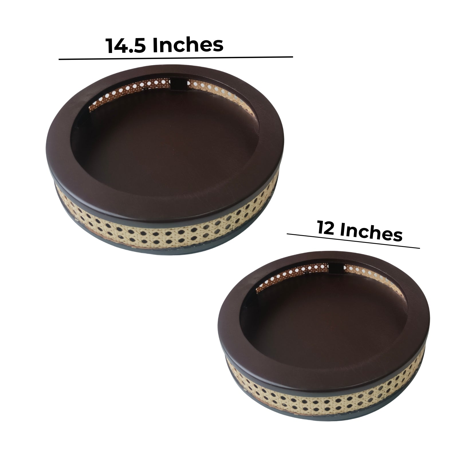 Wooden With rattan round tray set of 2