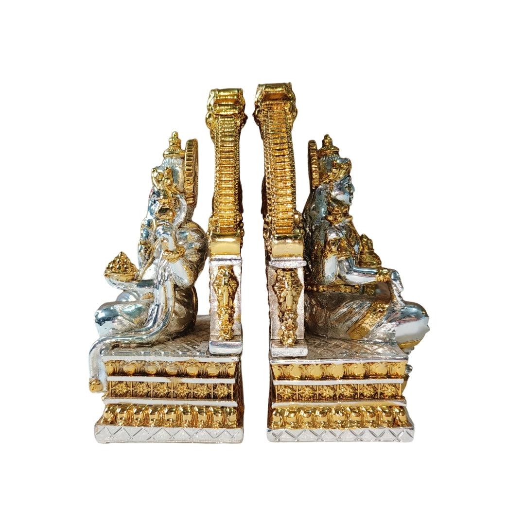 The Home Co- 999 Pure Silver & 24K Gold Plated The Divine Union: Lakshmi & Ganesha Silver & Gold Plated Fiber Idols(seating on sihasan )
