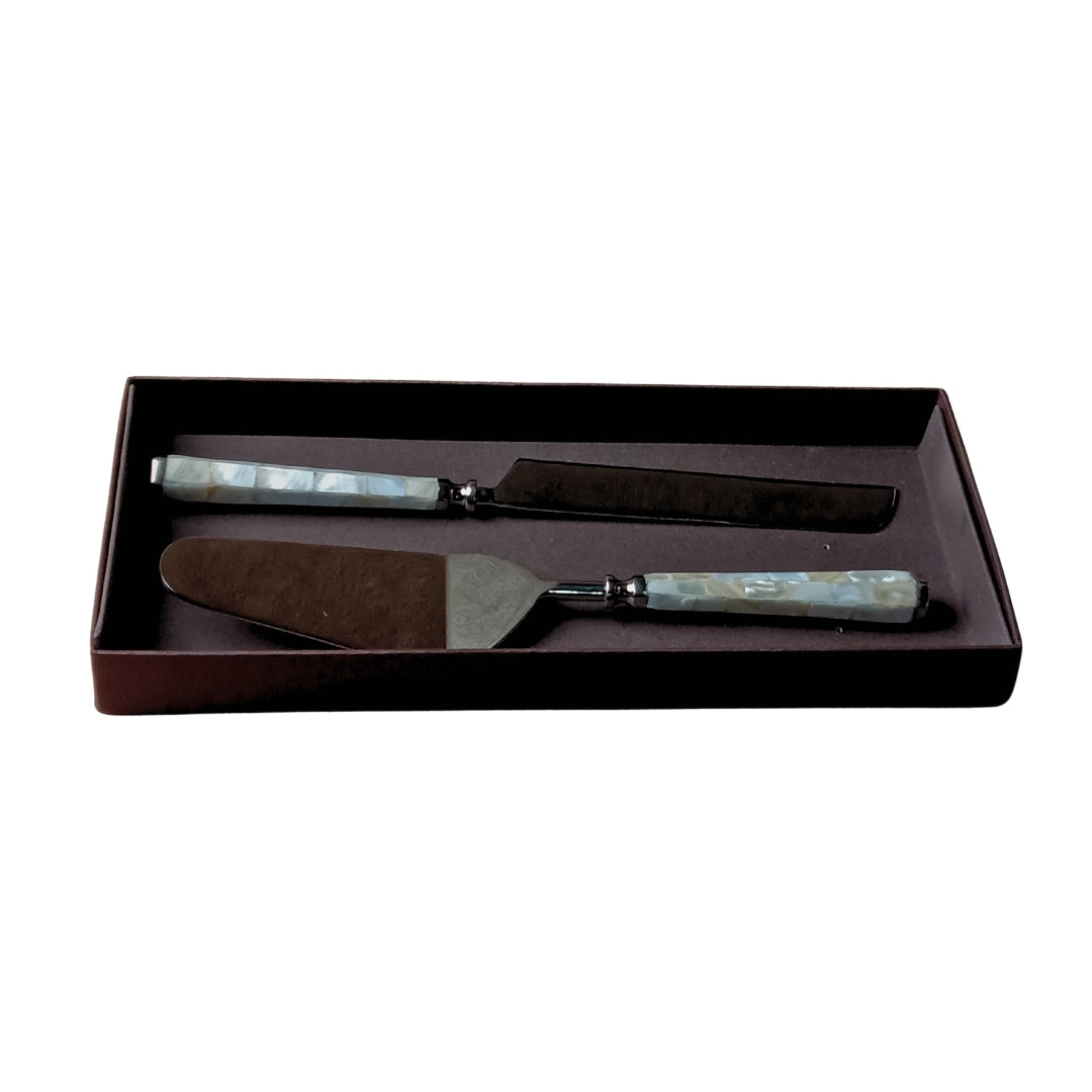 2 Pcs Mother of Pearl Cake Cutter & Server Set with Gift Box