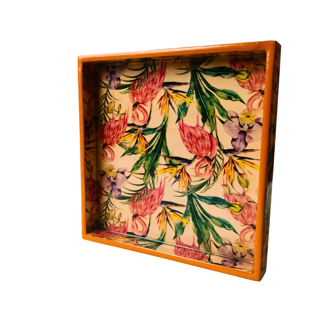 wooden water resistant Flamingo print & enamelled  Bathroom Set of 4