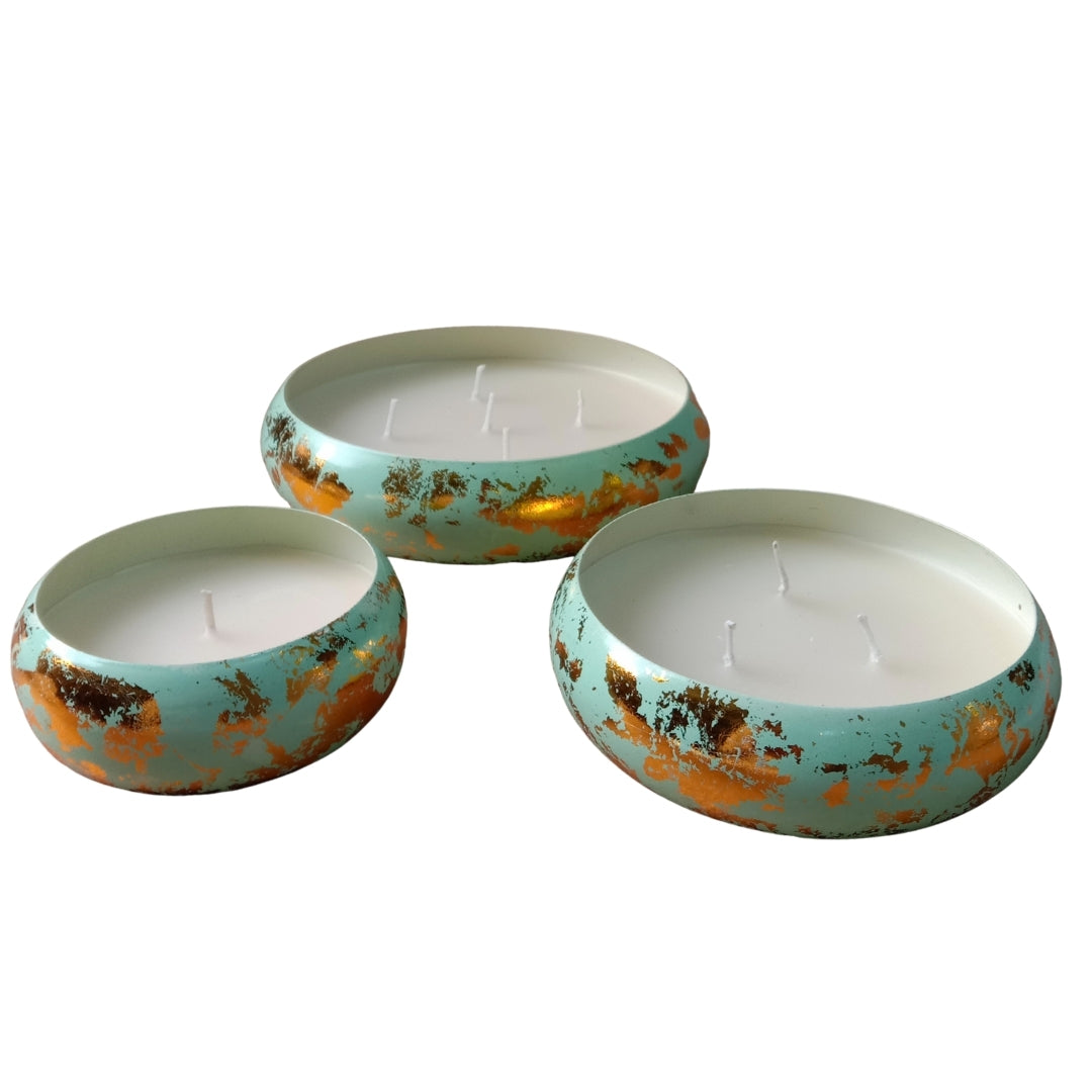 Mint & Gold Leaf Decorative URLI WITH WAX  Candle Set of 3