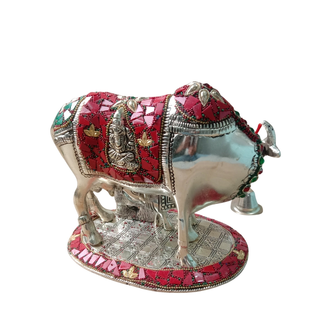 Silver Plated Kamdhenu Cow and Calf Idol in Turquoise Velvet Box for Gifting
