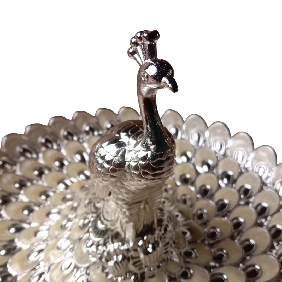 Decorative Silver Peacock Design Round Serving Tray