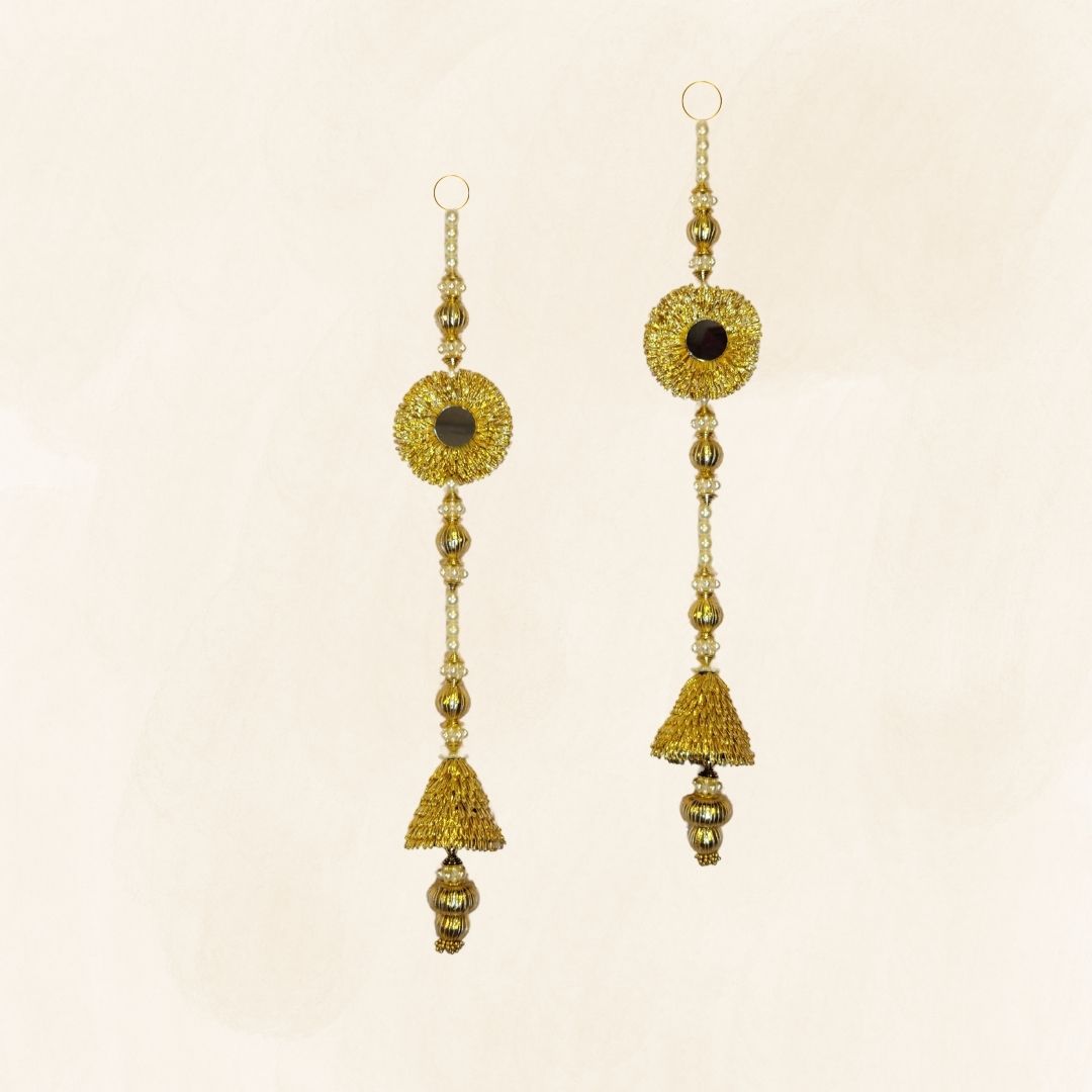 Gold Bell Toran With Gota & Mirror And Side Hanging Set Of 2