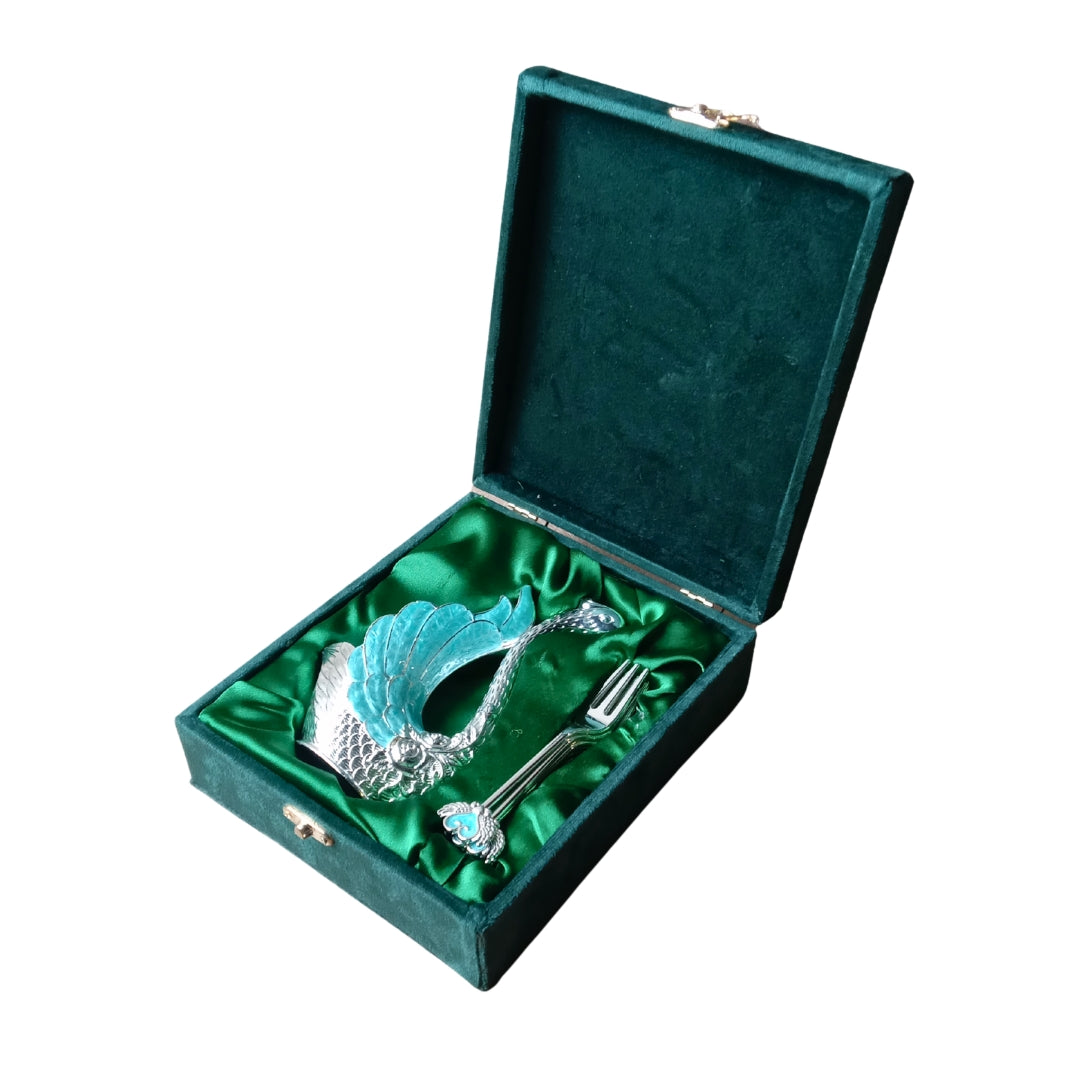 Blue Metal Swan Holder with Set of 6 Dessert Forks in Premium Gift Box