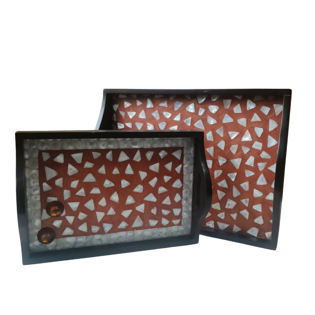 Set of 2 - wooden mother of pearl & chemical trays