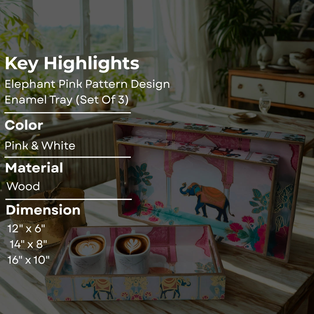 Elephant Pink Pattern Design Enamel Tray(Tray Set of 3)