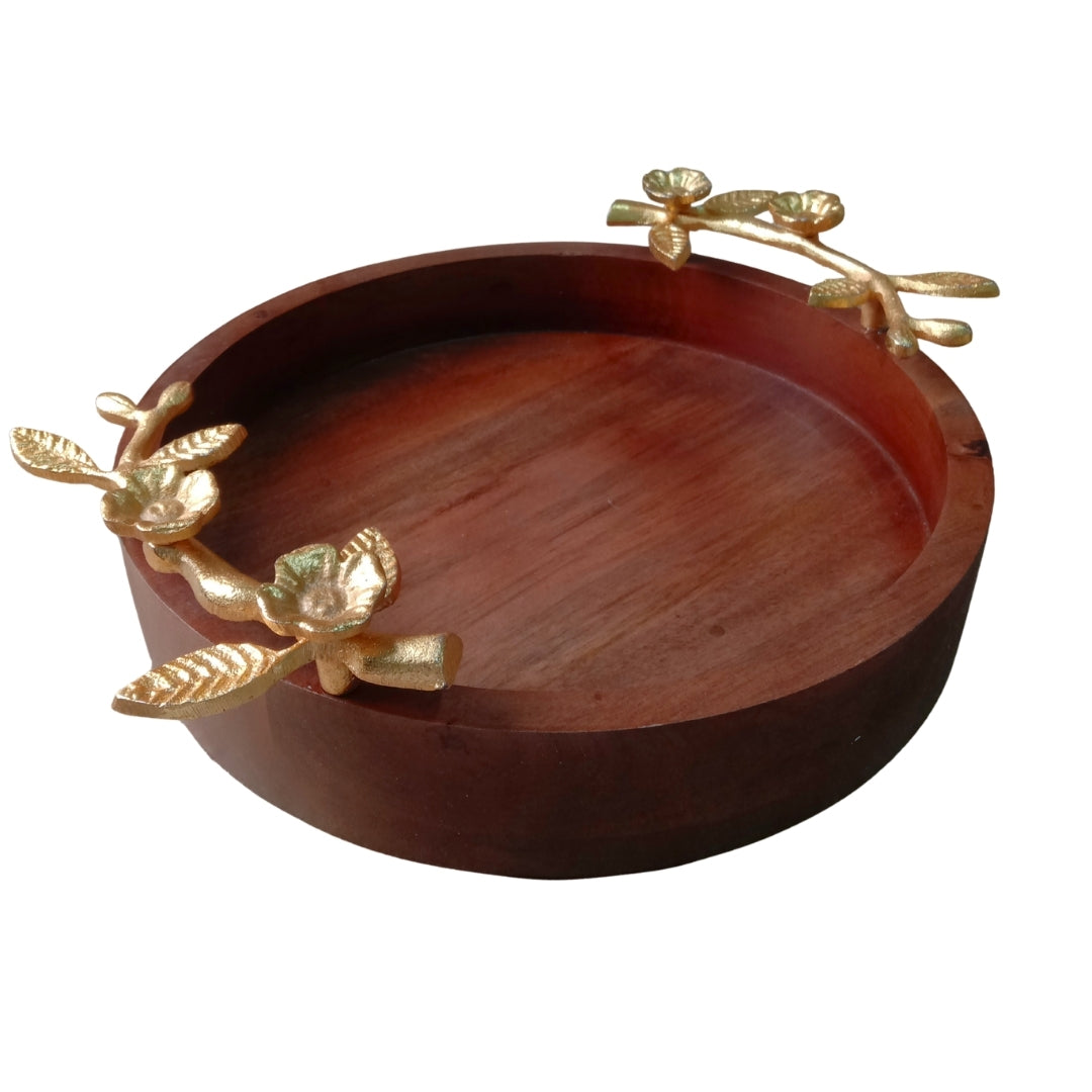 Wooden Small Round Serving Tray with Gold Floral Branch Handles