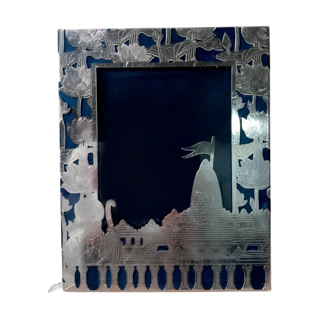 Silver-Plated Ram Mandir & Lotus Design Velvet Photo Frame