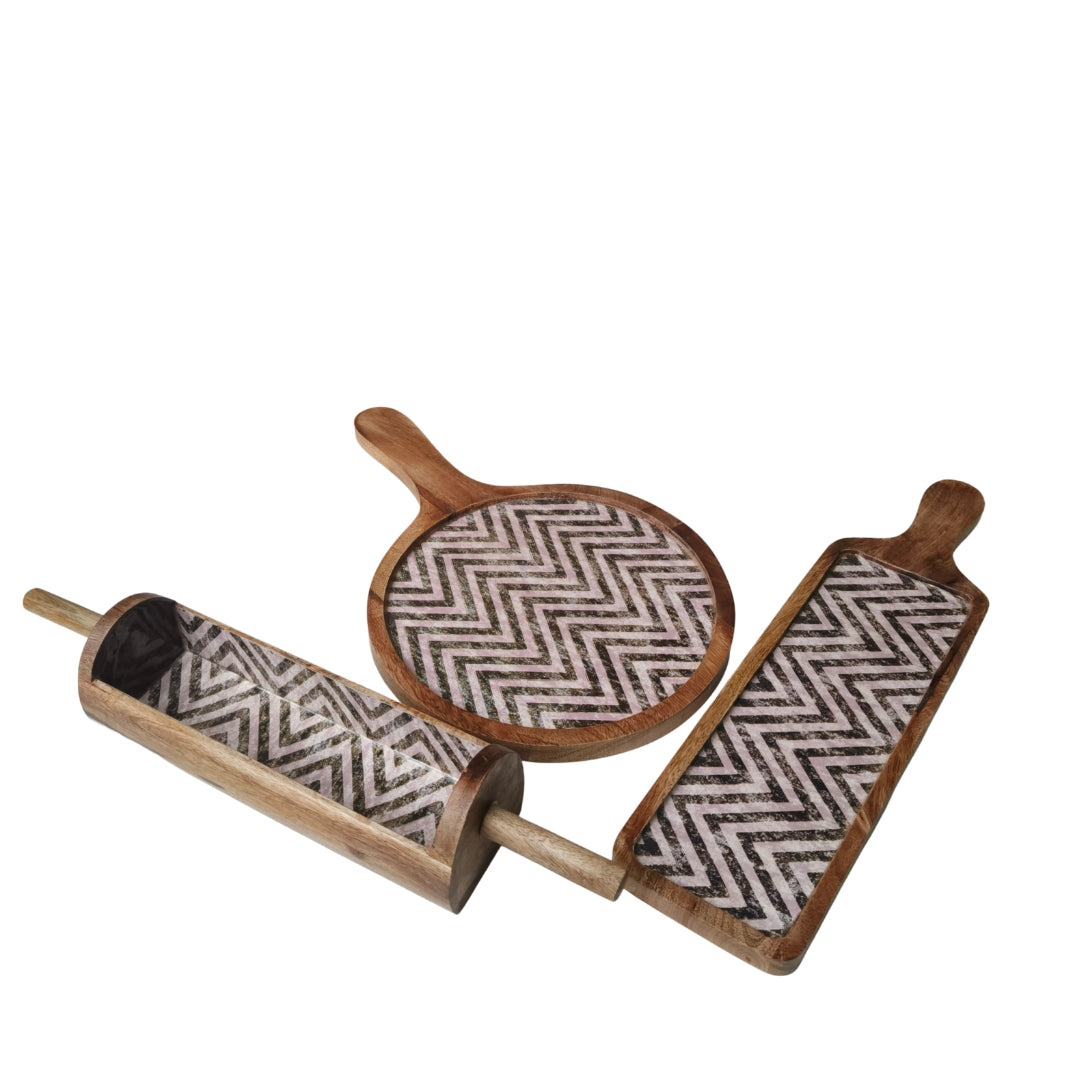 Chevron print & enameled Wooden Khatiya Platter Set of 3 - belan platter , bat platter ,  pizza platter