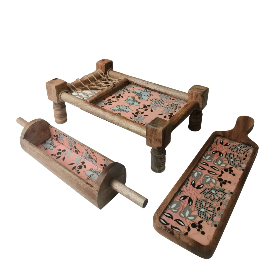 peach flower print & enameled Wooden Khatiya Platter Set of 3 - khatiya platter , belan platter , bat platter
